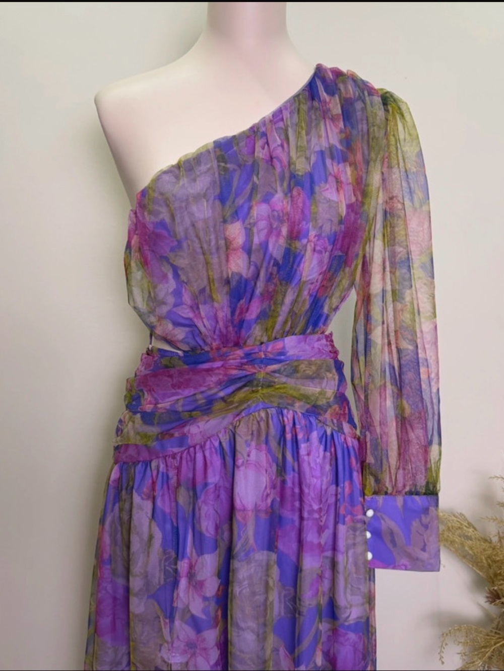 One-Shoulder Mesh Chiffon Maxi Dress in Purple